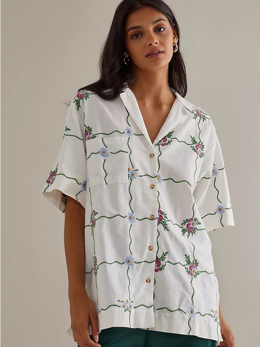 Damson Madder Embroidered Floral Button Down Shirt - US Size 8
